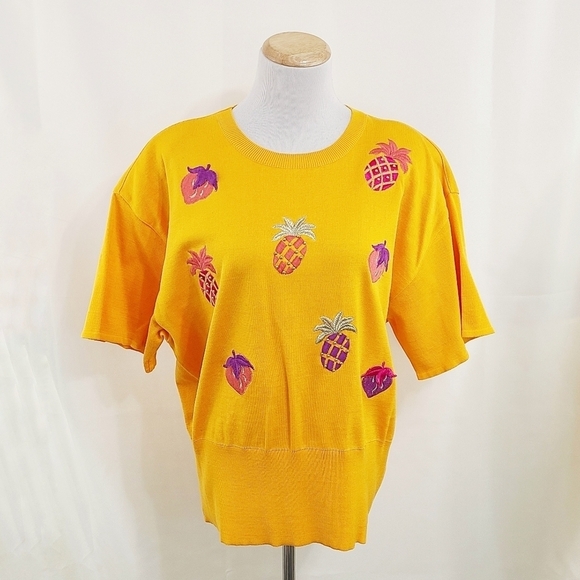 Vintage Escada orange pineapple strawberry sweater short sleeve size 42 - Picture 1 of 6